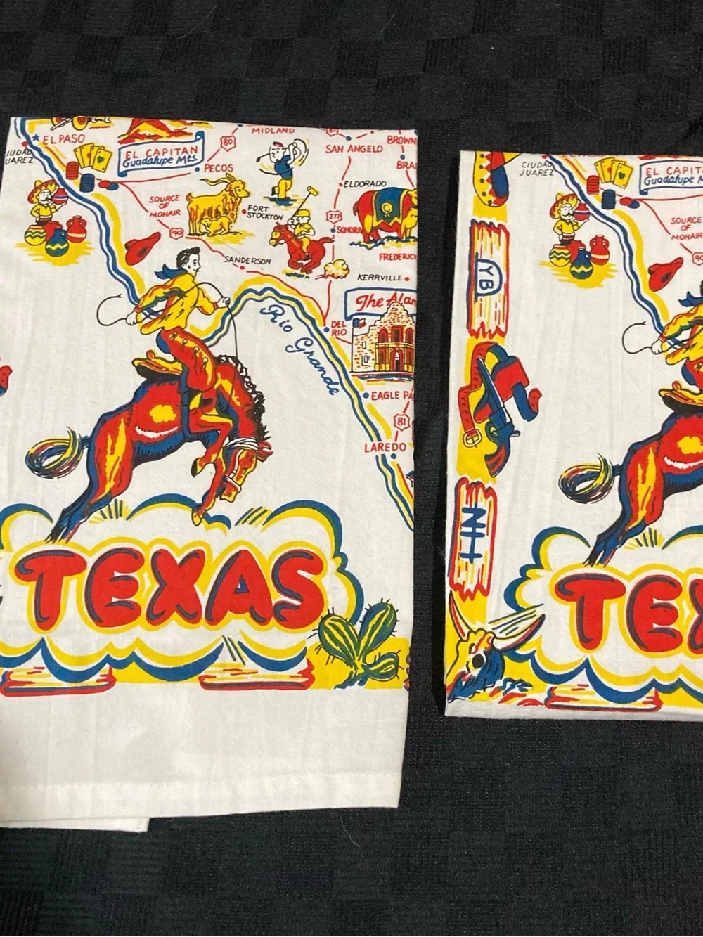 Texas souvenir Rodeo Printed Tea Towels - White with Red & Yellow Accents